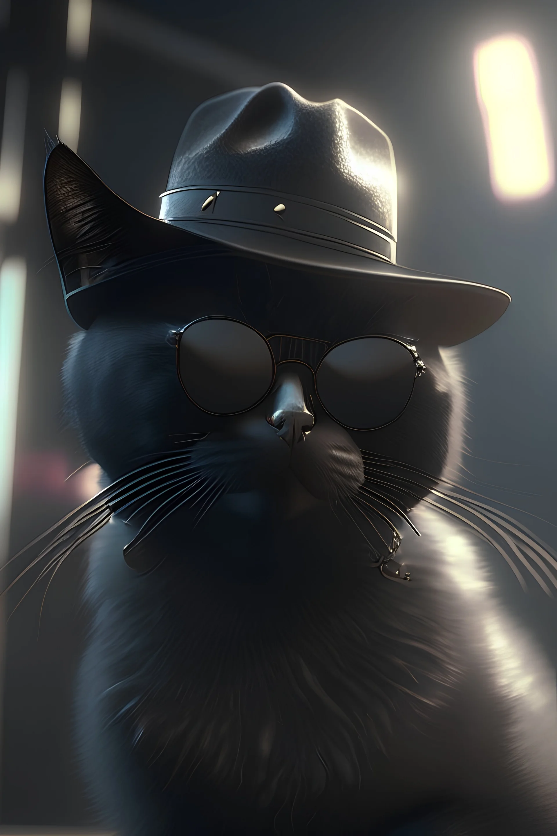 a cat with black fur wearing a black hat and black sunglasses, Unreal Engine, cinematic lighting