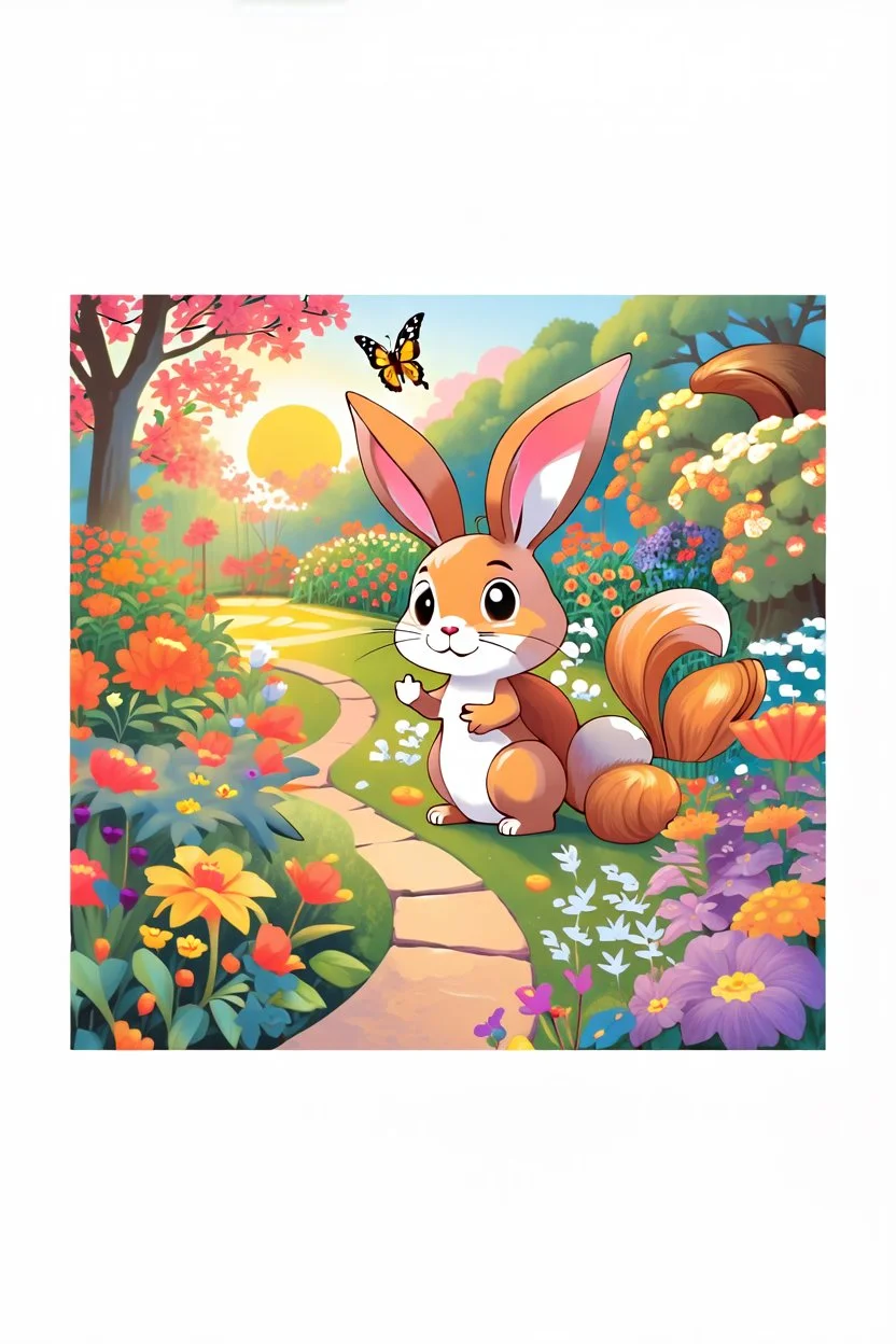 Upclose amazing orange sunset in the background of a beautiful garden , child book illustration style, view from behind of the bunny, butterfly and squirrel looking at the orange sunset