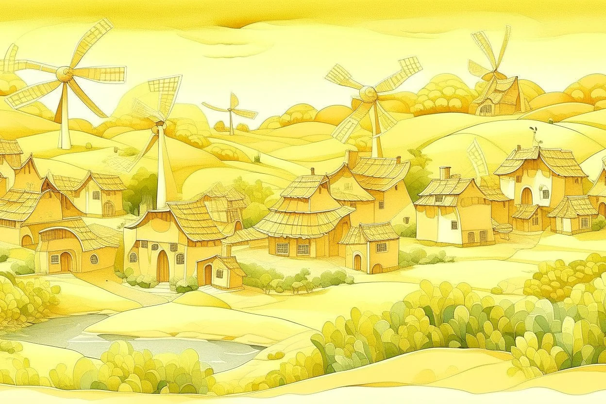 A light yellow village with windmills designed in ancient Greek pottery painted by Guo Xi