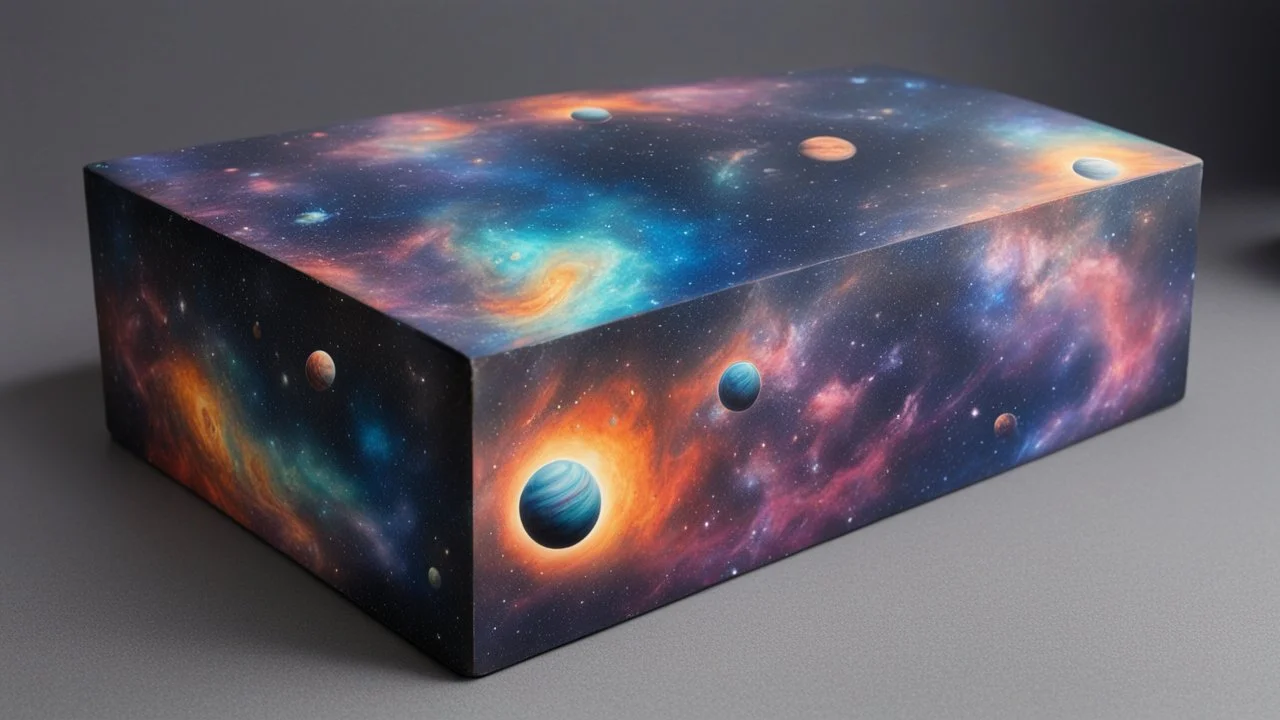 a box 10 cm long by 5 cm wide and 25 cm high, drawn on a box on all sides, space, tress, planets, crow galaxies a lot of colours, very realistic