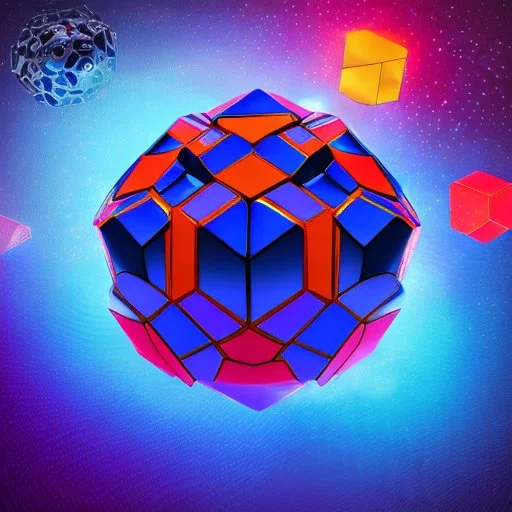 a blue metallic 4d cube inside a 4d orange rotating cube in a 4 dimension environment