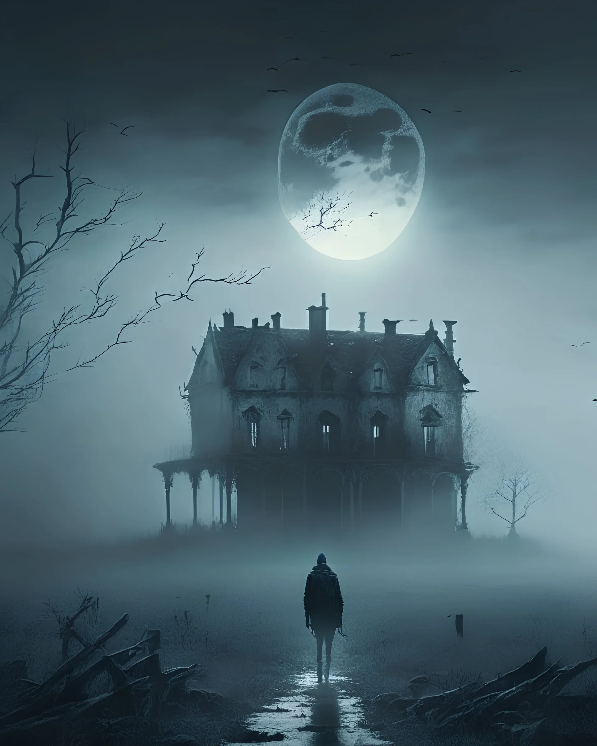 A hauntingly beautiful image of a lone figure walking through a desolate, misty landscape, with a dilapidated mansion in the background and a full moon illuminating the scene.