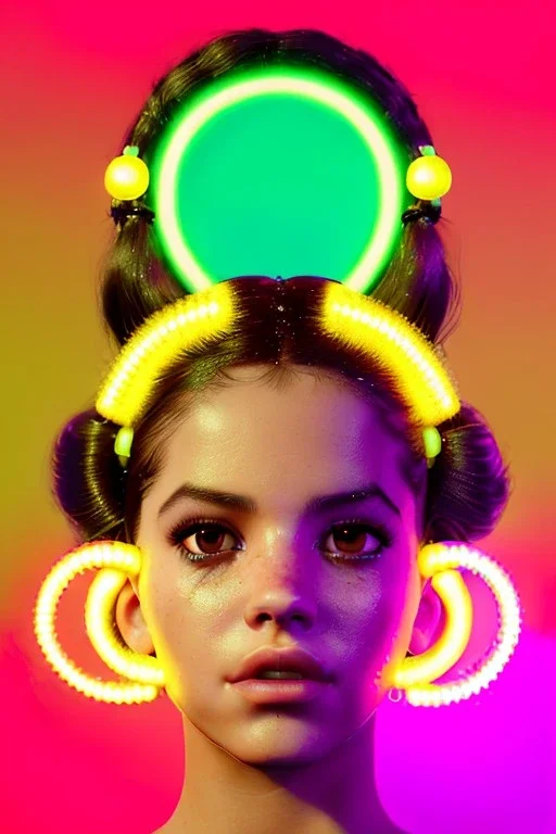 Rosalía artist, Realistic image, natural waist up portrait, perfect eyes, glow, circle iris, eye liner. pigtails hair, face, spray line make up, glow. lips, gold. big rings piercing, led ornament, pearls. coat, latex, inflatable, hot, led lights, minimal, neon, pink, blue, gold, vibrant color, highly detailed, art stations, concept art, smooth, unreal engine 5, god lights, ray tracing, RTX, lumen lighting, ultra detail, volumetric lighting, 3d, finely drawn, high definition, 4k.