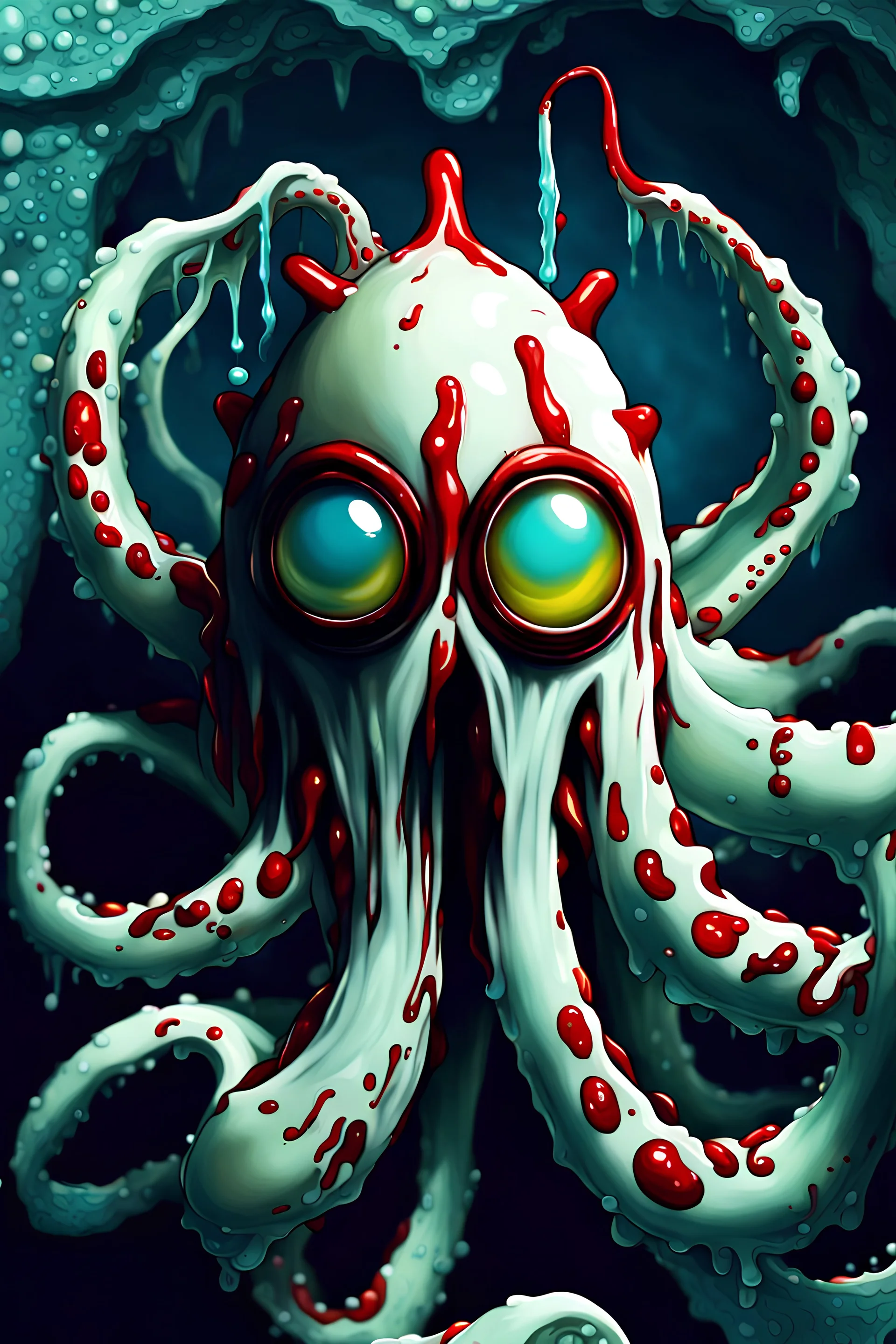 A terrifying monster tentacle wraps up the newly born white egg, and slime drips from the tentacle.