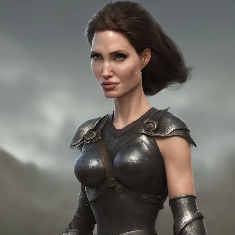 old Angelina Jolie in armor by greg rutkowskiб close up film photo, unreal engine, octane render, trending on artstation, highly detailed, studio lighting, professional, professional ominous concept art, by artgerm and greg rutkowski, an intricate, elegant, highly detailed digital painting, concept art, smooth, sharp focus, illustration, in the style of simon stalenhag, wayne barlowe, and igor kieryluk.