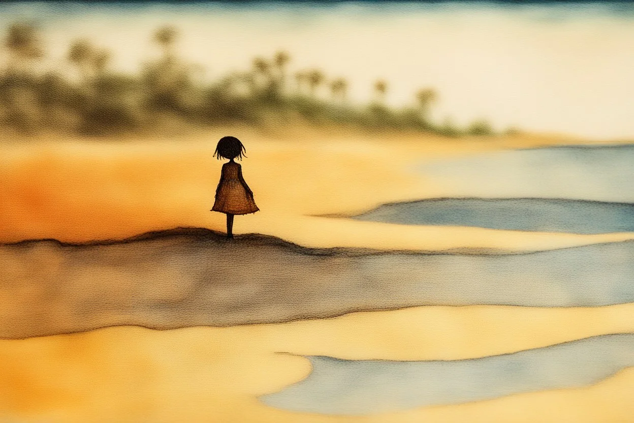 painted and burned burlap, girl at the tropical beach, styles of Paul Klee Dee Nickerson and Tim Burton, melting watercolor and black ink outlines on wet paper, soft, shading strokes, in sunshine, ethereal, otherwordly, cinematic postprocessing, bokeh, dof