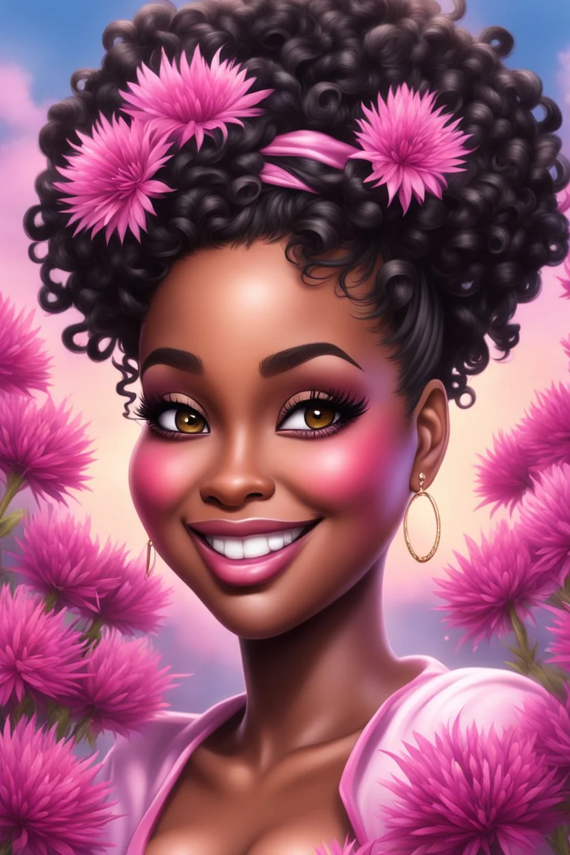 Create a airbrush cartoon art style image of a curvy black female looking down with a smile on her face. Prominent makeup with hazel eyes. Highly detailed messy curly bun with a hair scarf on her head with large pink knapweed flowers surrounding her. 2k