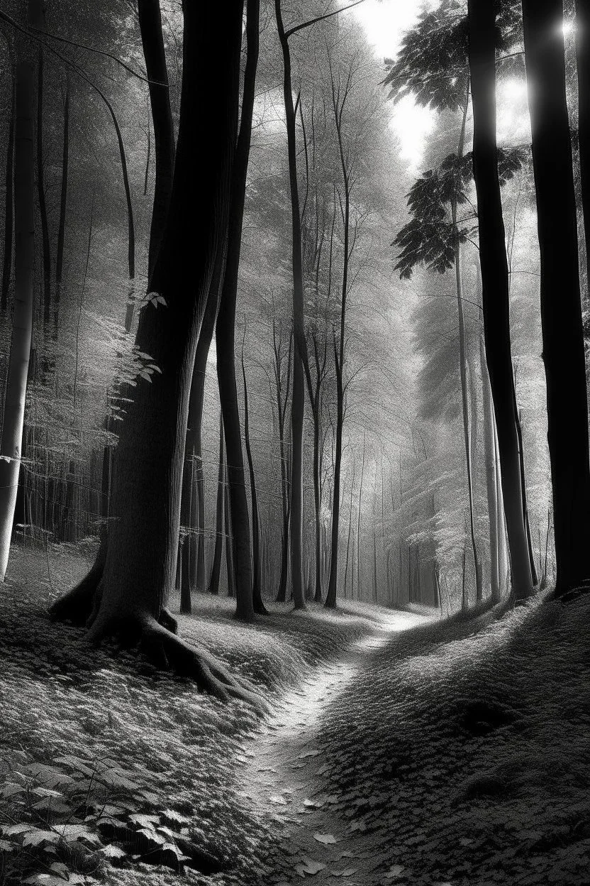 Autumn forest path in the style of Ansel Adams