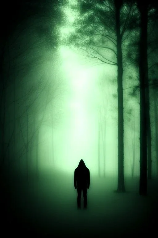 dark, foggy weather, night, forest, black, horror, art, evil, dark effect, white eyes, human shadows,