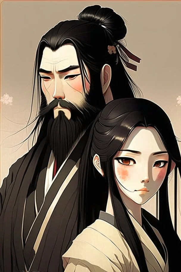 Traditional Japanese anime woman, long black hair, with bearded man with short hair
