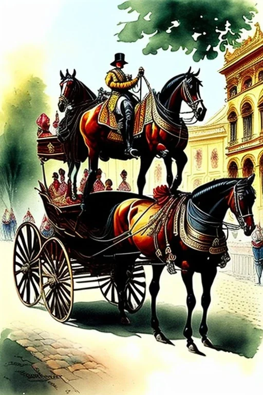 Fiacre, landauer carriage with two horses in Vienna. Aquarell