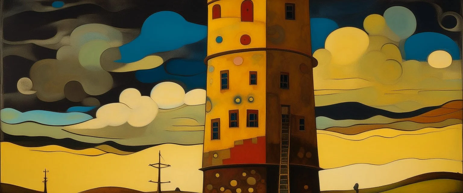 A brownish bronze tower in a windstorm designed in Kuna molas painted by Wassily Kandinsky