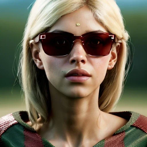 Shakira, artist, 30 years old, Realistic image, waist up portrait, etro style dress. Gucci sunglasses. loose long hair, eyes make up, perfect, glow, circle iris. concept art, smooth, unreal engine 5, god lights, ray tracing, RTX, lumen lighting, ultra detail, volumetric lighting, 3d, finely drawn, high definition, 4k.