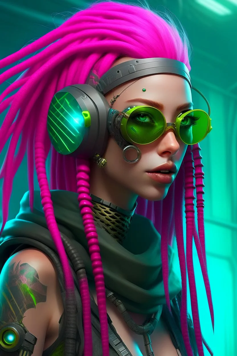 mermaid cyberpunk some fish scales on face pink hair dreadlock sunglasses