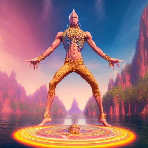 dhalsim, yoga artist swirl on a boat in the air, lavo background , levitated lab equipment, 4k, Highly Detailed, Masterpiece, perfect eyes, Digital Illustration, Cinematic Lighting, Realistic, Sharp Focus, Centered, Beautifully Lit, Bioluminescent by Stanley Artgerm Lau