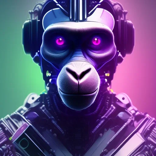 A beautiful portrait of a cyborg monkey purple neon color scheme, high key lighting, volumetric light high details psychedelic background