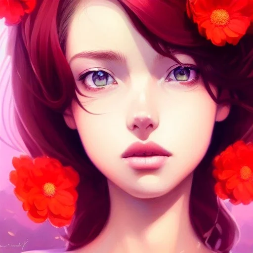 Closeup face portrait of a red girl wearing crown of flowers, smooth soft skin, big dreamy eyes, beautiful intricate colored hair, symmetrical, anime wide eyes, soft lighting, detailed face, by makoto shinkai, stanley artgerm lau, wlop, rossdraws, concept art, digital painting, looking into camera