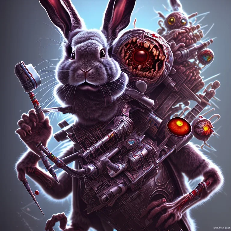 Bug bunny personnage cartoon style zombie iron maiden joue guitare,yeux rouges injecté sang 4k détail ultra Fibonacci