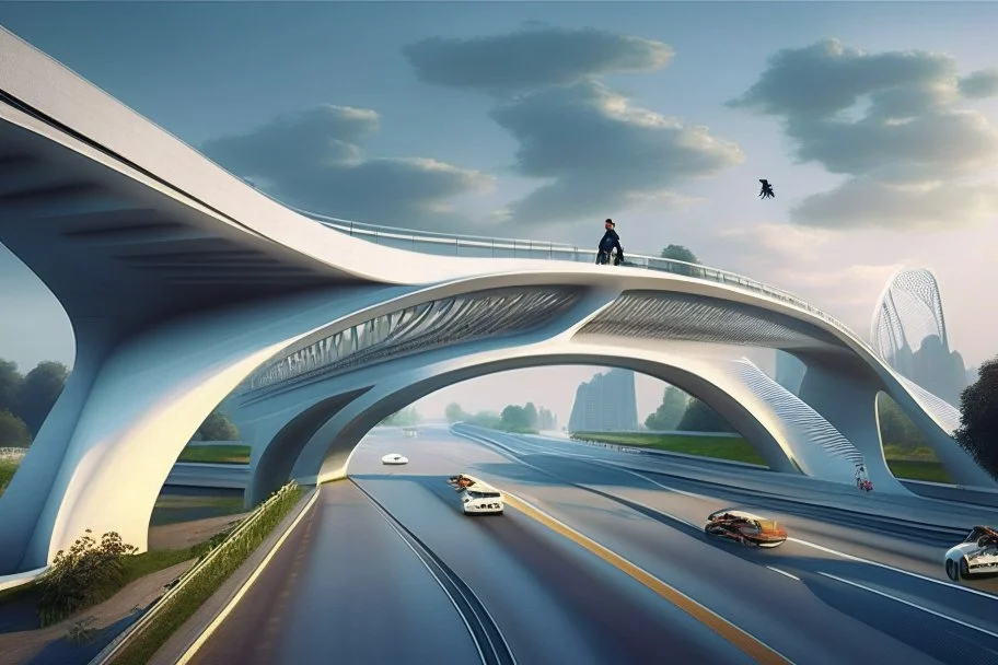 Puente para personas atraviesa una autopista de lado a lado, por debajo pasan autos, estilo Zaha Hadid