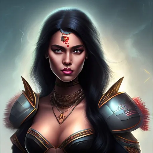 fantasy setting, dark-skinned woman, indian, green and black hair