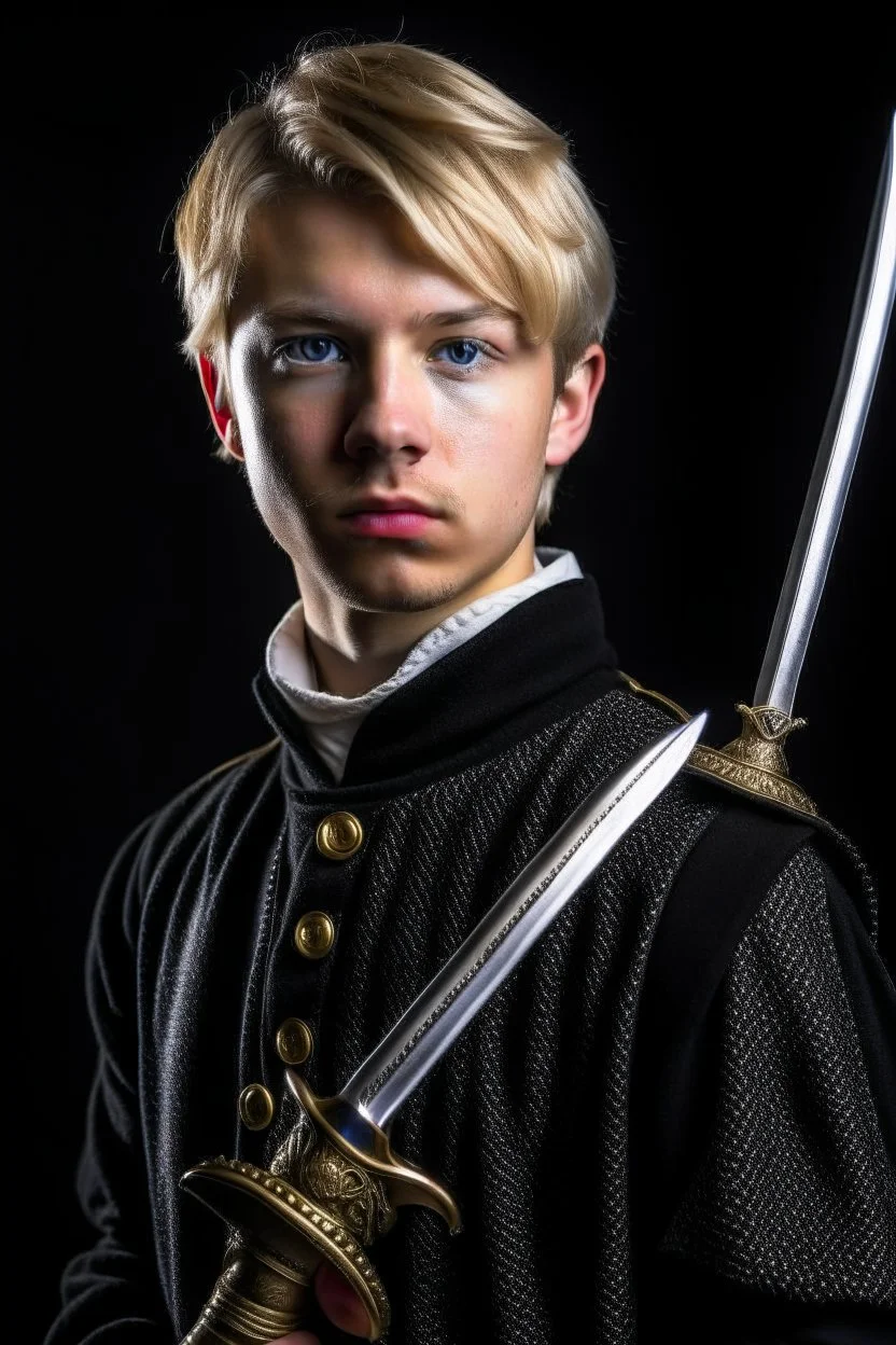 young european blond short hair adult royal guard swordsman with rapier