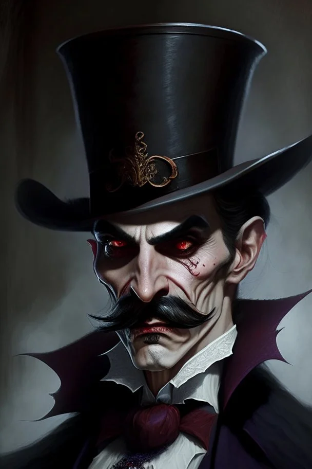 Strahd von Zarovich with a handlebar mustache wearing a top hat with a sinister sneer