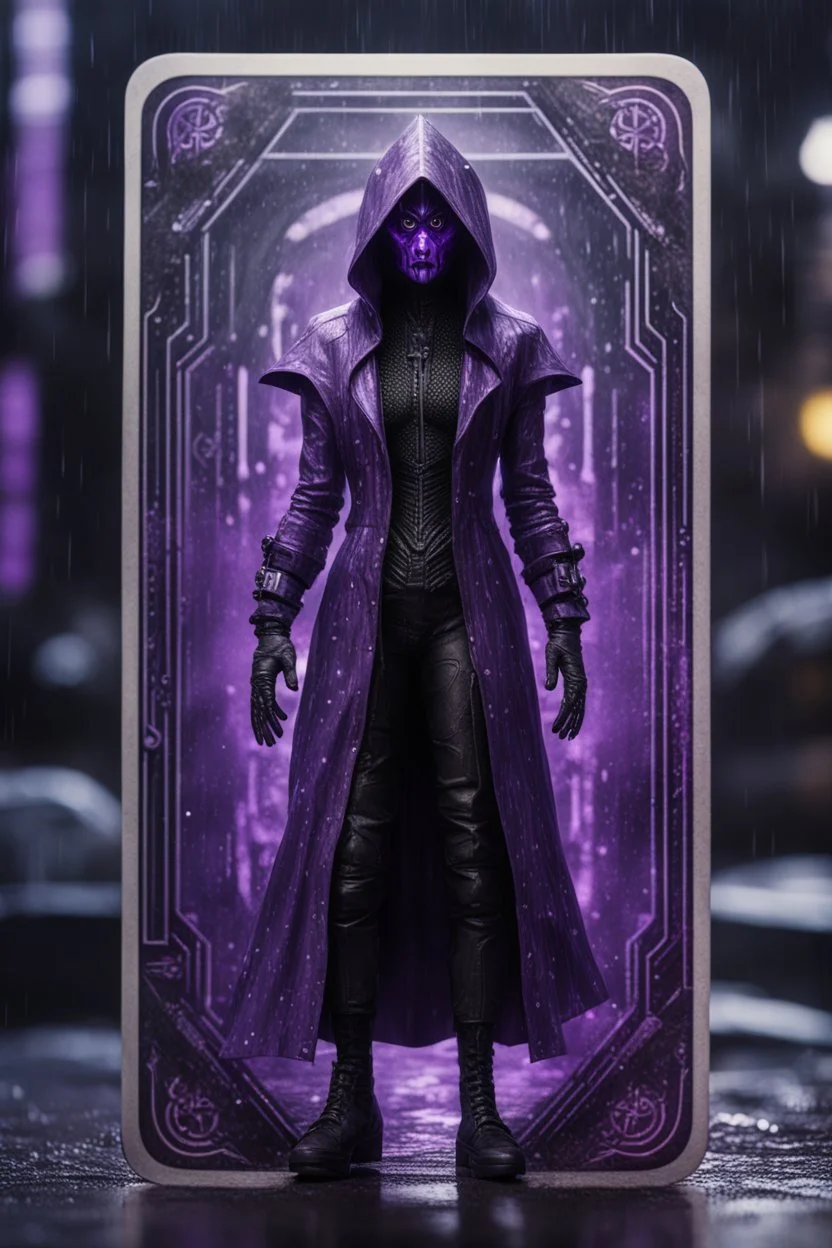 sacred geometry framed playing card, black and purple dancer thief in soaked rain coat shadows boss card in the style of Giger and fallout 4 ,,bokeh like f/0.8, tilt-shift lens 8k, high detail, smooth render, down-light, unreal engine