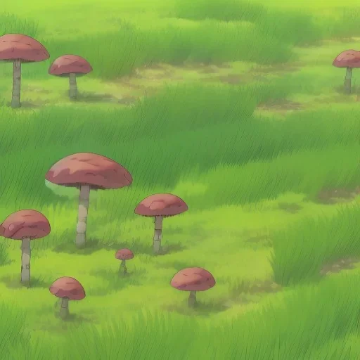 A grass type Pokemon walking through a field of tall and small mushrooms, tiny, made of plants, 4 legged pokemon