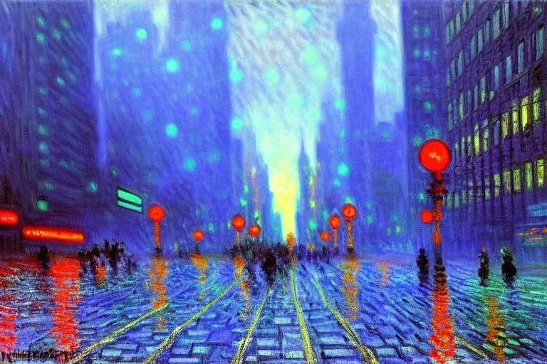 Cyberpunk street, claude monet impressionism painting