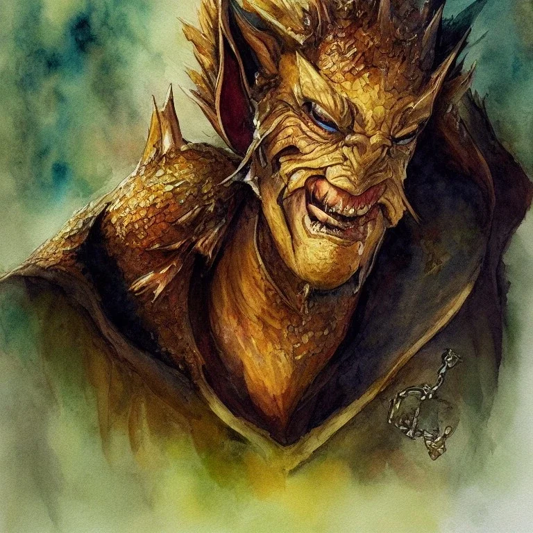 dungeons and dragons, fantasy, goblin, king, ochre skin, watercolour, distinct face, portrain, head