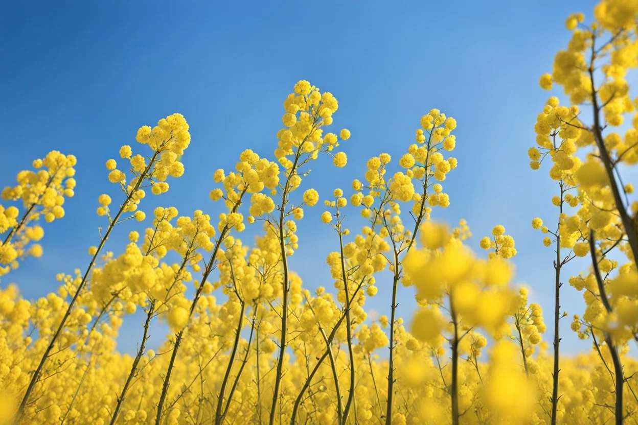 clear blue sky for top half, across Middle is canola flowers with green canola stems branches and leaves below, rapeseed sharp focus, realistic