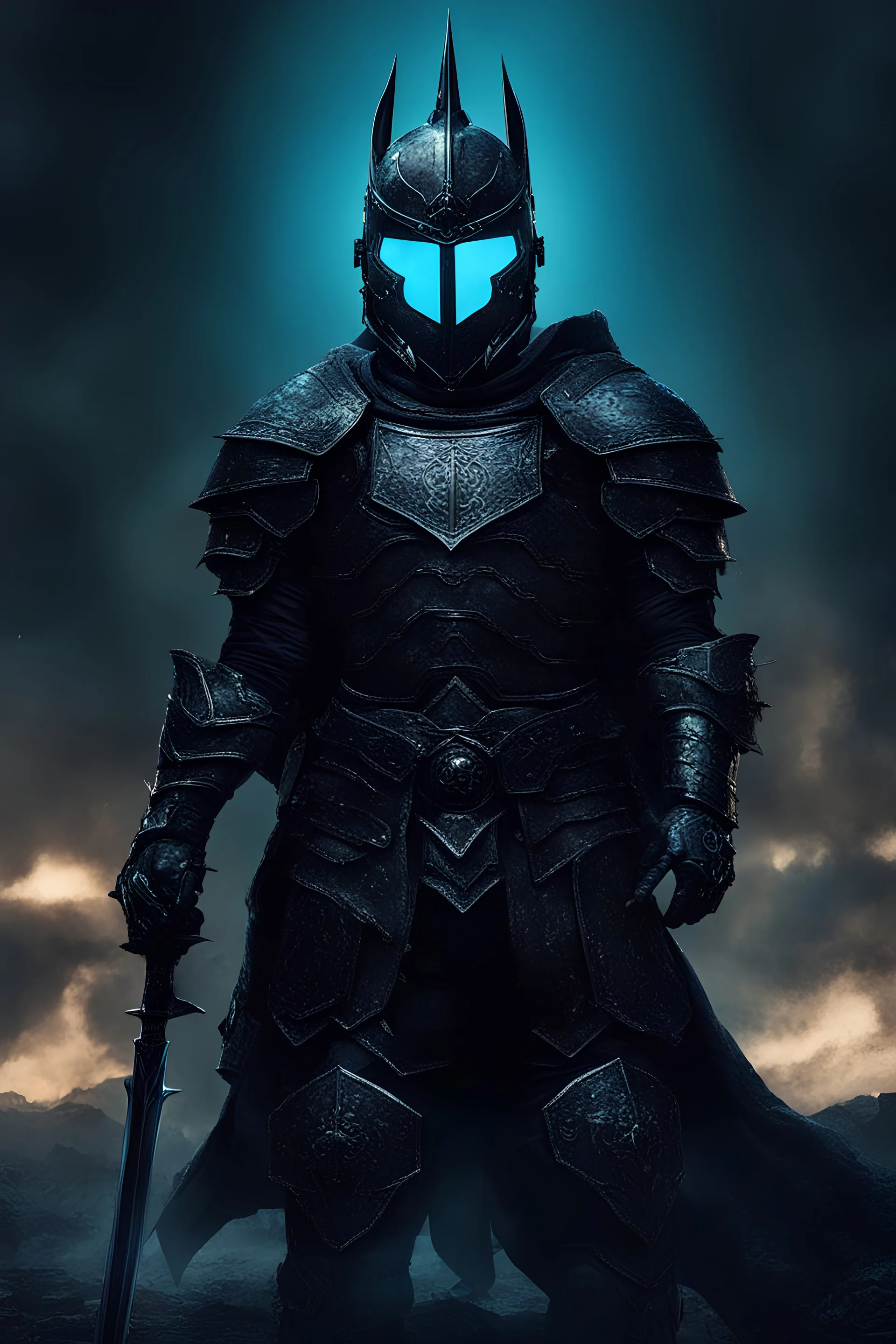 A dark knight with turquoise blue steam in his eyes, Corinthian helmet, black armor, and a blue orb under his armor barely shining through, standing darkly on a medieval battlefield.