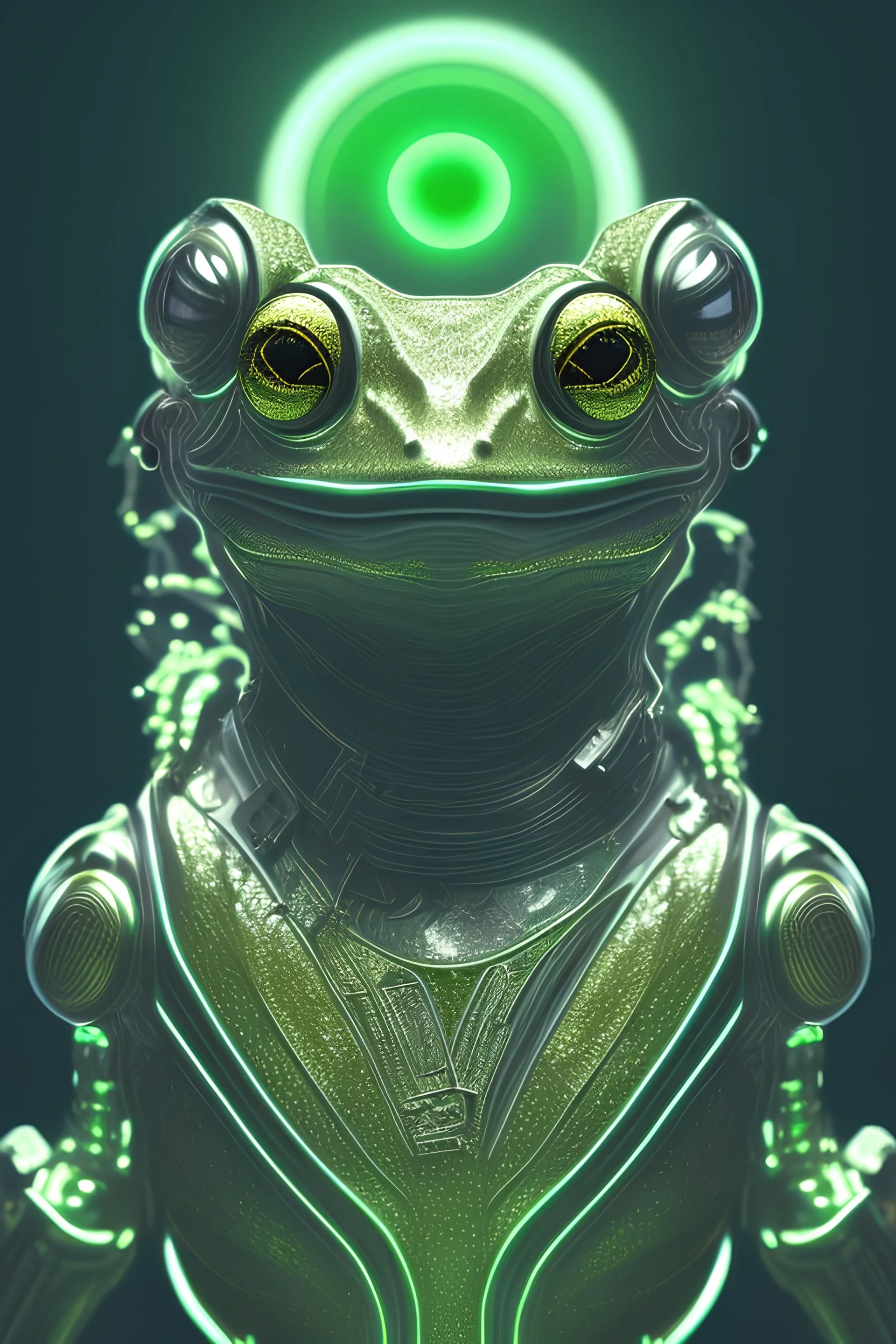 Frog Green Portrait Glowing eye Gold Armor Robotic Money Silver Smoke Dust 16k epic rare futuristic Plated