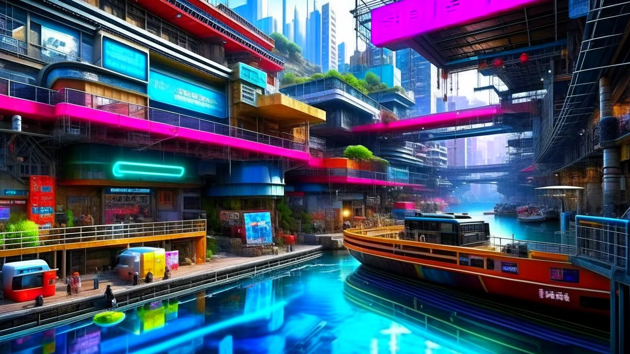 Water-level view of buildings on a canal, made of metal, cyberpunk, many painted colours, floating and flying boats, balconies, bridges, people, shopping, eating, walking, fifth element, ghost in the shell, altered carbon