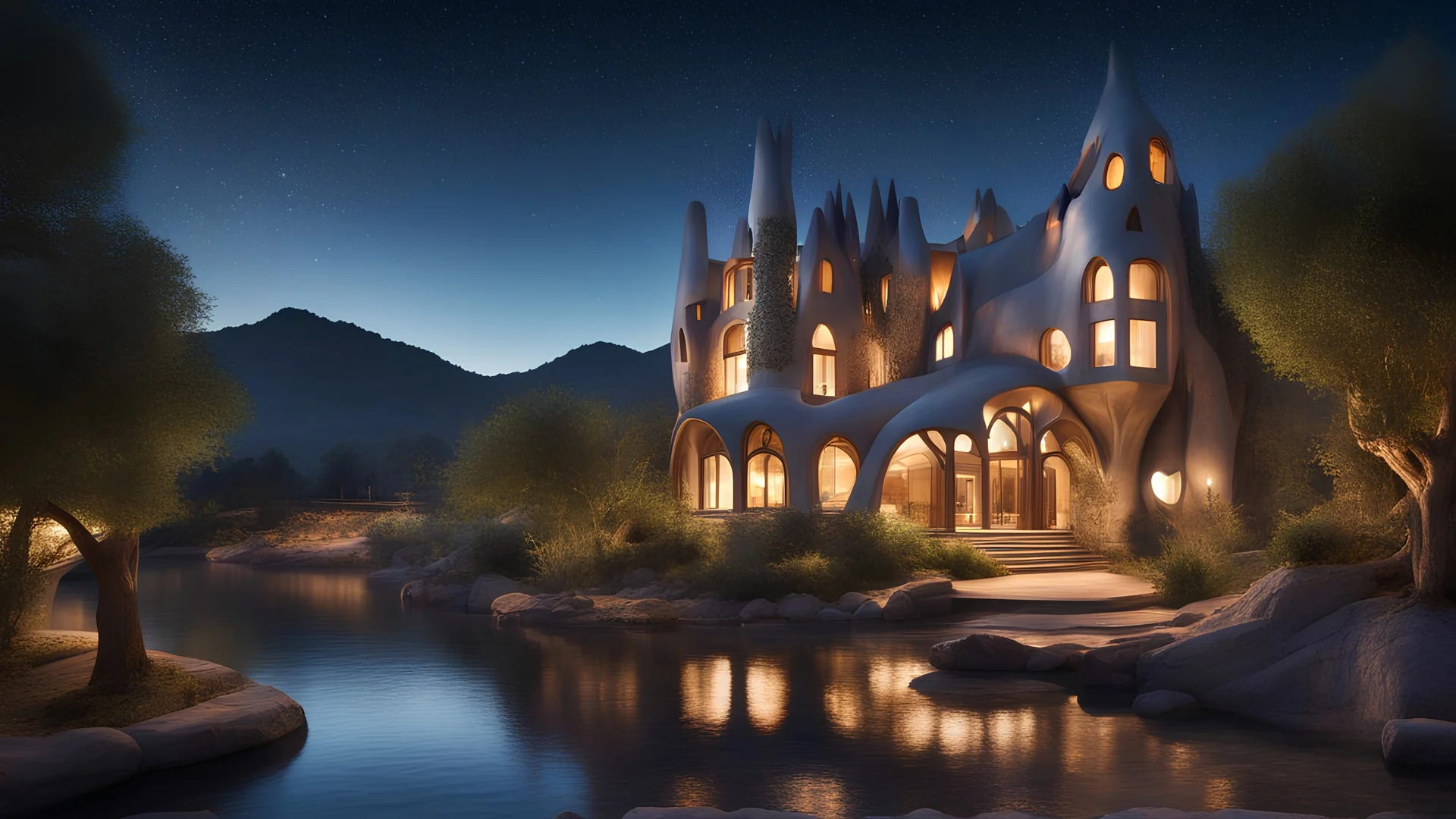 beautiful house, perfect architecture, style Antoni Gaudi, rural environment, night, stars, volumetric lighting, trees, river, distant mountains, award-winning photograph, photorealism, superb details, light and shade, beautiful composition, arts-and-crafts, attractive, peaceful, exquisite