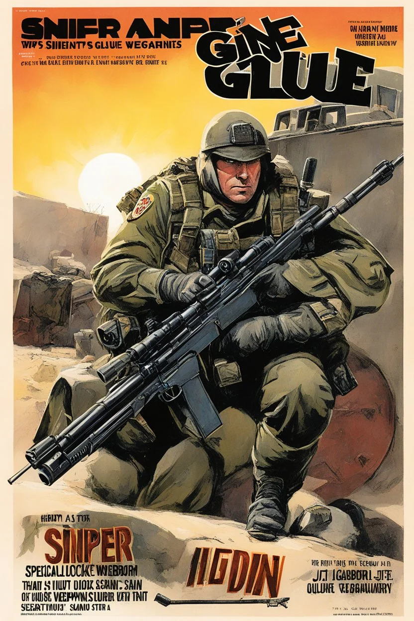 SNIFFIN’ GLUE magazine illustration cover by Henry A. Ogden: special issue #42 on sniper action and weaponry. guest star: Sergeant JT Sanborn, The Hurt Locker.