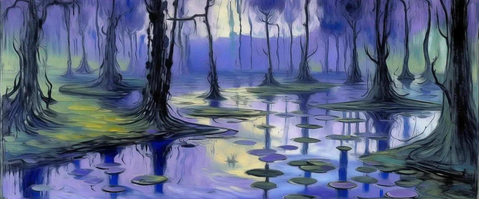 A violet swamp with yokai ghosts painted by Claude Monet
