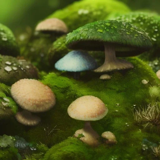 microphotography mushroom growing in a mossy dense lush green woods, high definition, detail, HD, 8k, realistic, 3d rendering, blender, photography, fisheye, bulge, tilt shift blur