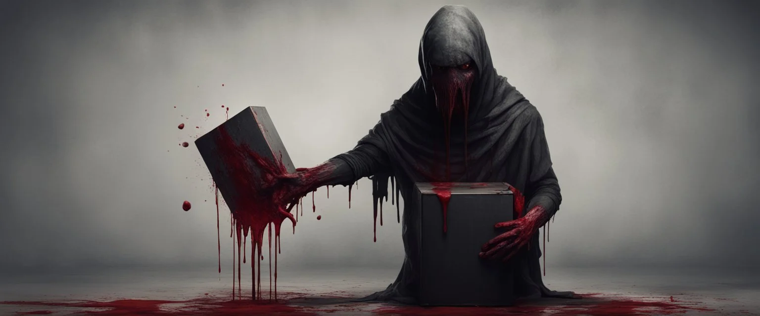 a faceless creature covered in blood holding up an empty black box