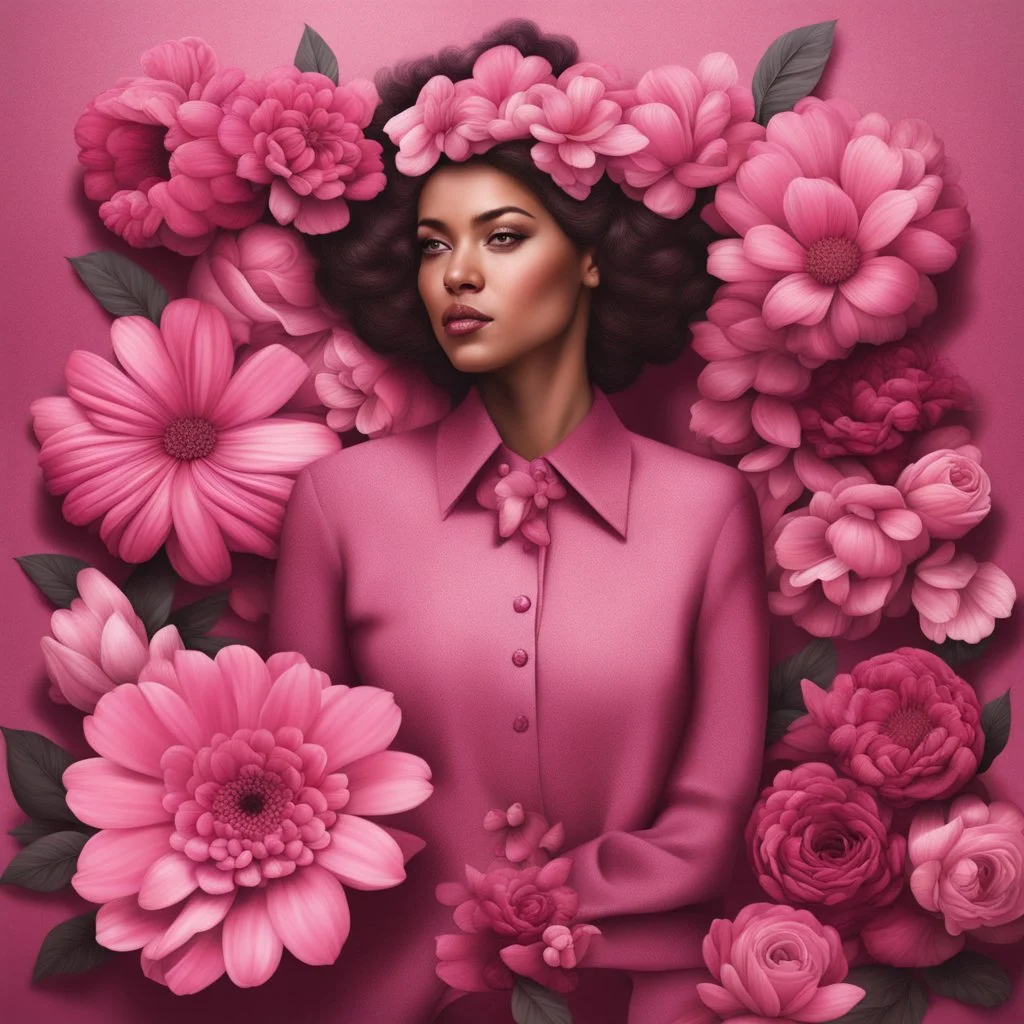 Hyper Realistic women-empowerment with pink-flowers & maroon-pink-textured background