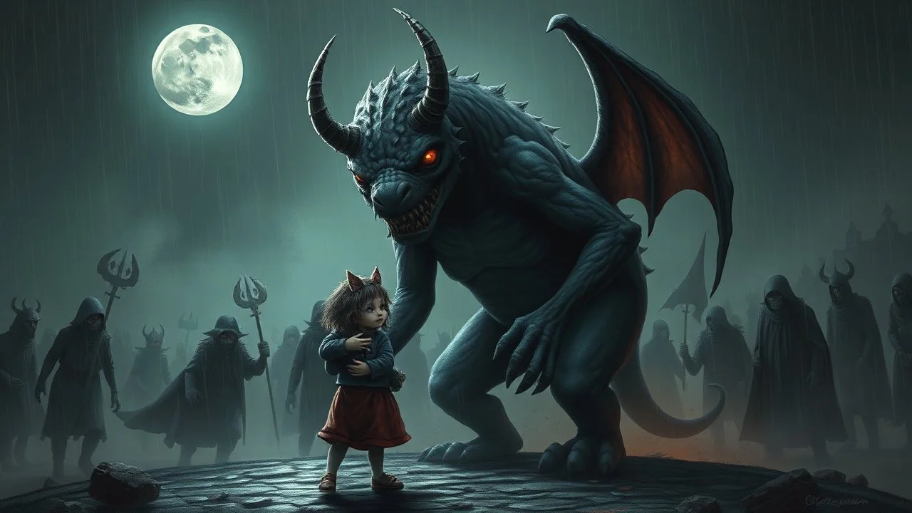 gentle, protective monster protects the alone sad child against bad high dark evil people, random background random, deep dark color, , moon, mist, rain, highly detailed, weird , surreal dark fantasy mood style like T. Burton