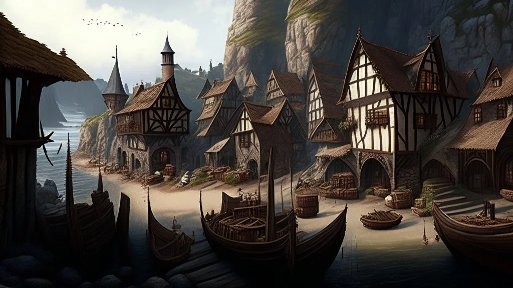 gothic medieval village at foot of cliffs, wooden harbour, shops, inn, taverns, houses, people, trees