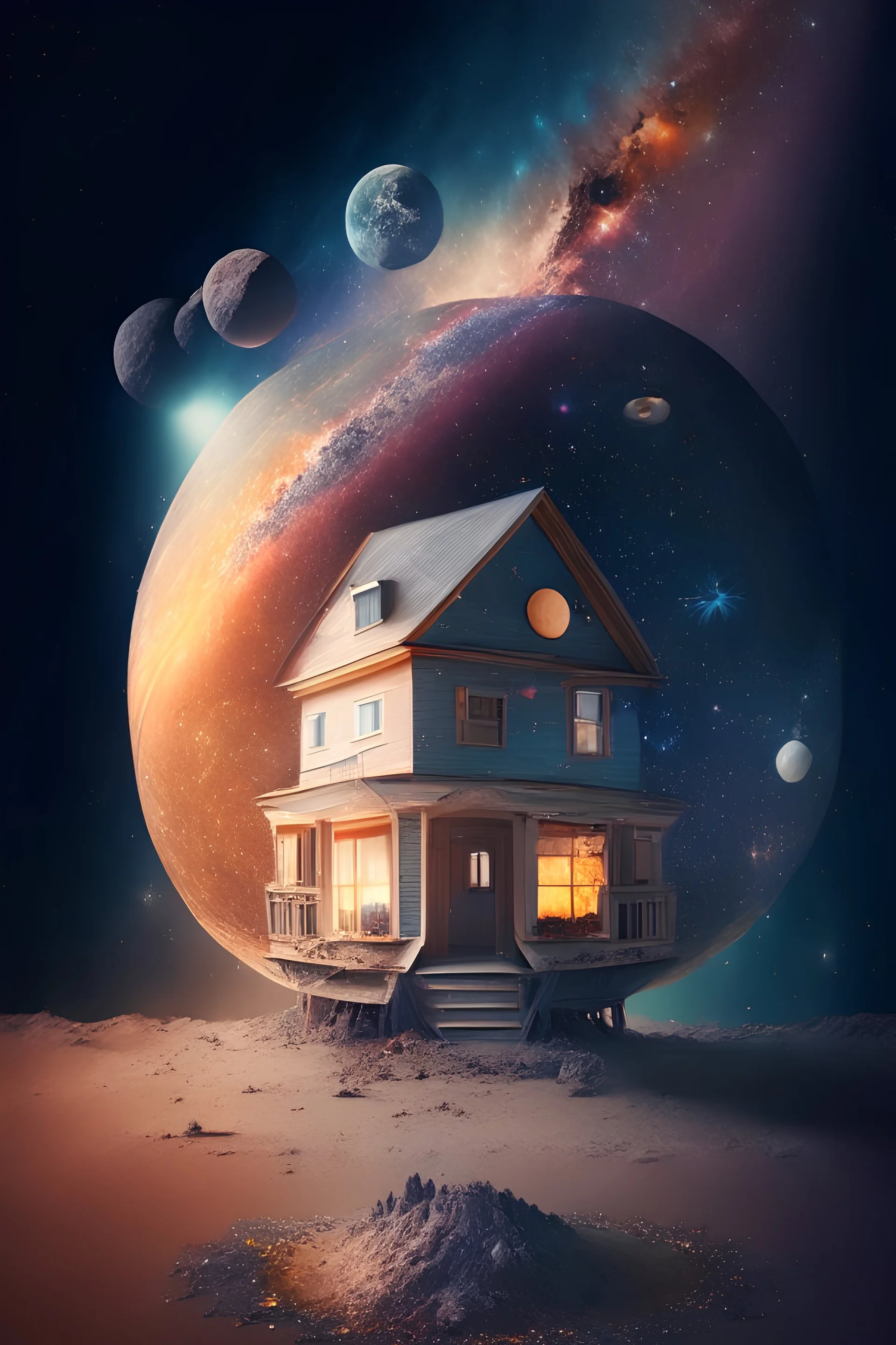 A house in the center of the universe surrounded by different planets and stars and dust. Hyper real, 4k