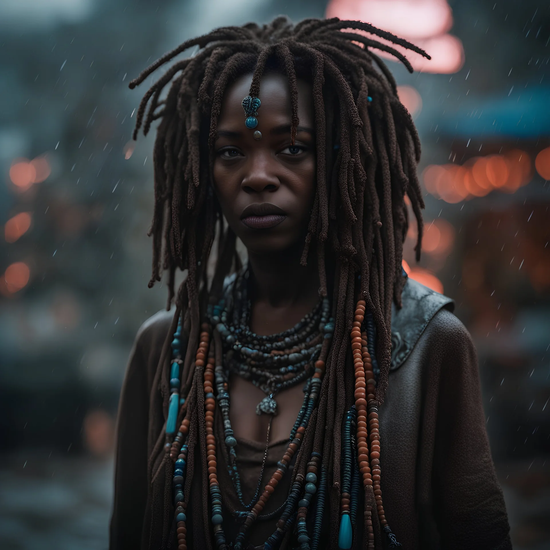 a woman, inspired by Elsa Bleda, afrofuturism, pretty girl standing in the rain, short dreadlocks with beads, russian shaman, beeple and mike winkelmann, demobaza, connection rituals, style of the fifth element, alexander abdulov, dressed as an oracle, taken in 2 0 2 0, hippie fashion, shot with Sony Alpha a9 Il and Sony FE 200-600mm f/5.6-6.3 G OSS lens, natural light, hyper realistic photograph, ultra detailed -ar 3:2 -q 2 -s 750