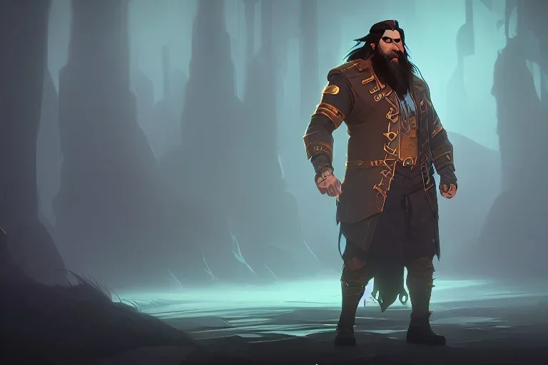 boisterous braided long haired bearded tall man wearing gold rings and rugged long fur trimmed merchant's coat, dark background, dynamic lighting, full body character design, glowing eyes