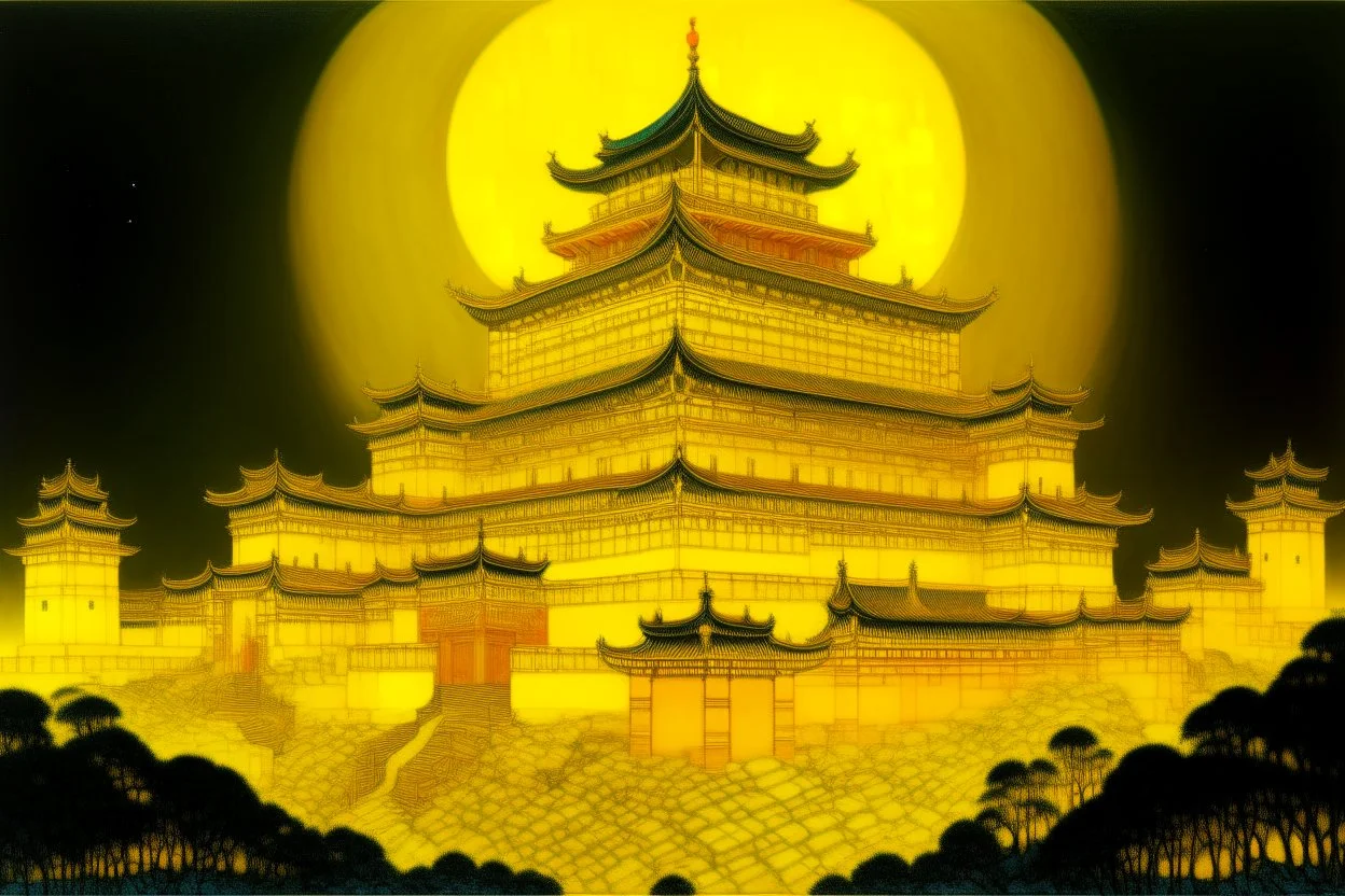 A yellow fortress with glowing halos painted by Cai Jia