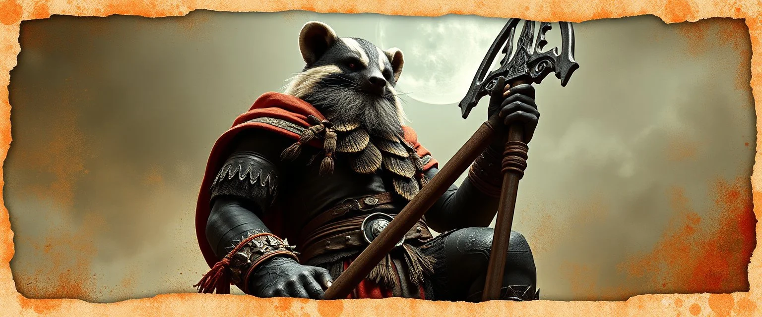 3d airbrush render, full body of orc badger warrior priest , pinhole cam, airbrush 3d rendering, in the style of Titian and Dali , torn edges on border