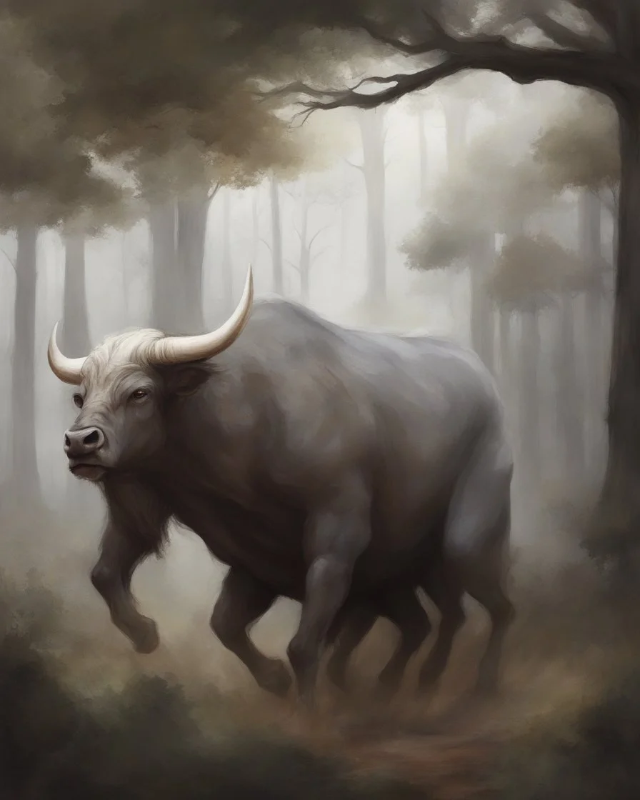 Minotaur, half man. Half bull crw majestically galloping through the dense forest in the style of Doug Hyde , fantastical landscape, soft strokes , mythology portrait, classic illustrated digital design