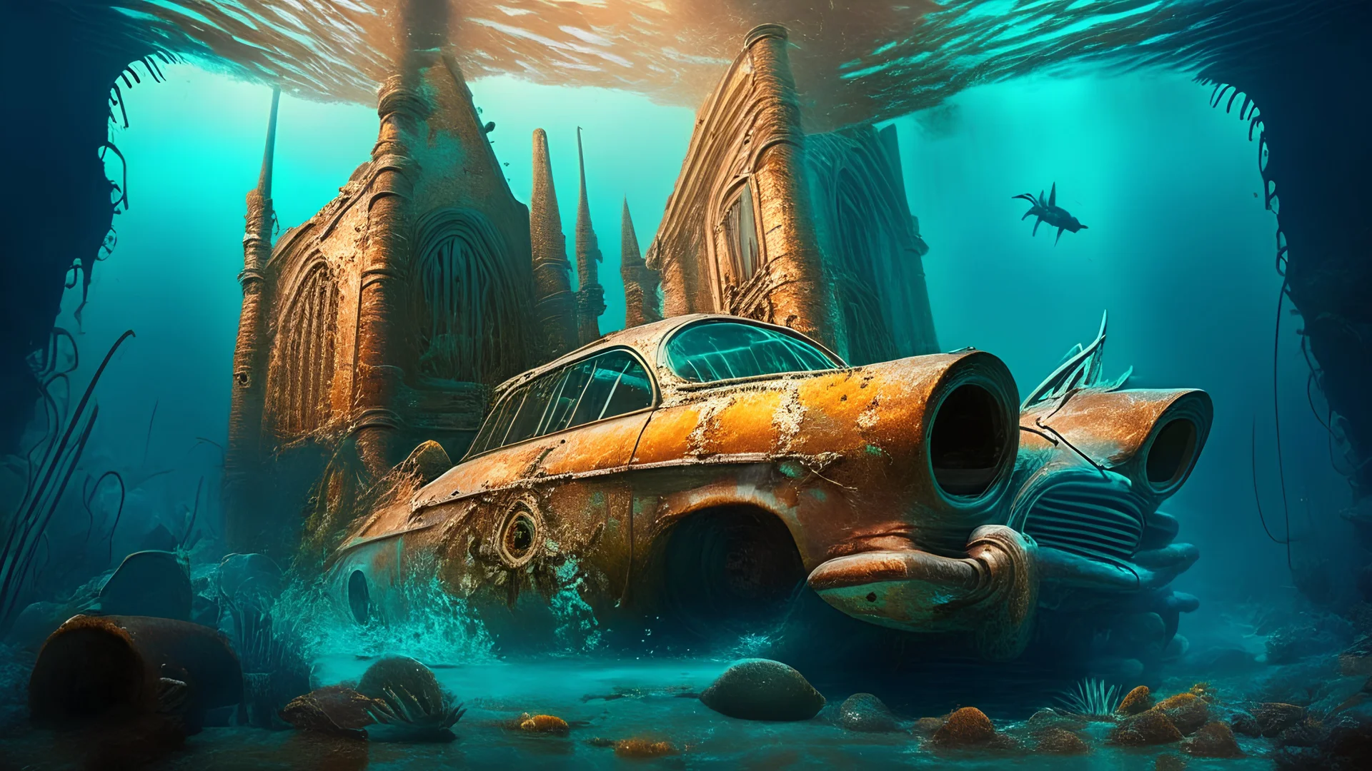 prehistoric punk automobiles exploding in underwater church copper mines