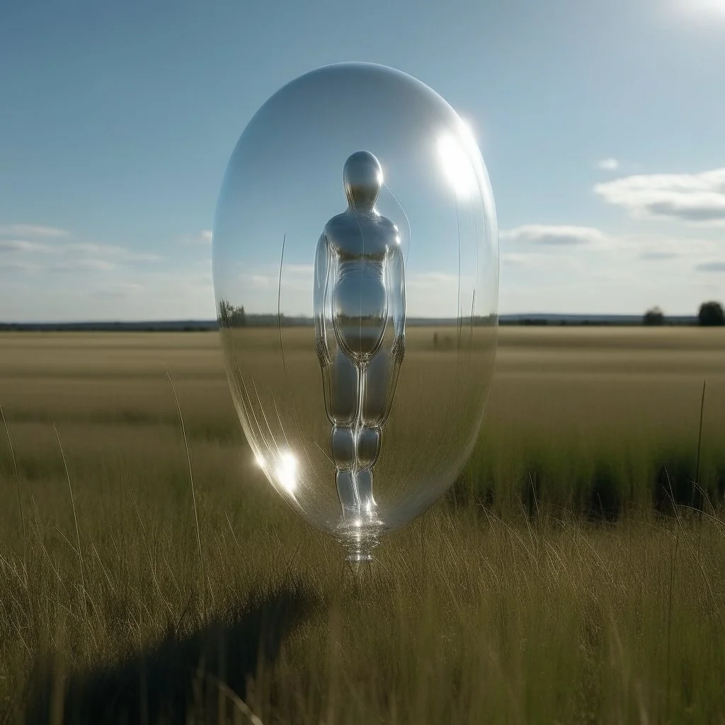 A photo of a transparent balloon with the shape of a woman's body, in the middle of a prarie.